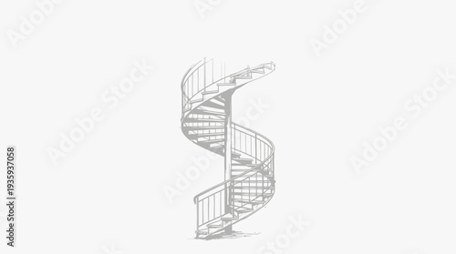 Elegant spiral staircase illustration rendered in a minimalist grey tone against a white background