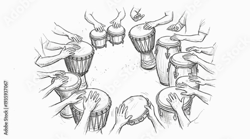 Ensemble of Hands and Drums Creating Rhythmic Unity in Sketch Style