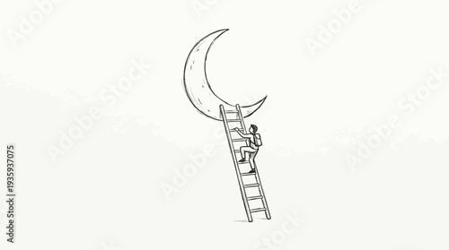 Figurative depiction of a solitary figure ascending a ladder towards a crescent moon in an