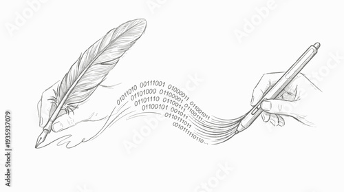 Evolution of Writing From Quill Pens to Digital Code Symbolizing Progress and Innovation