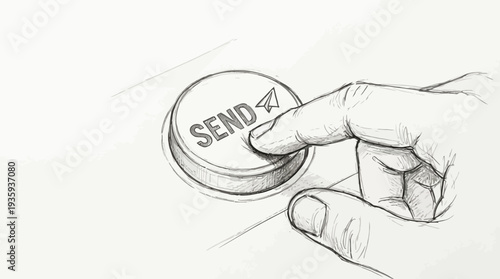 Sketch of a human finger pressing a circular button labeled 'SEND' with a paper airplane icon