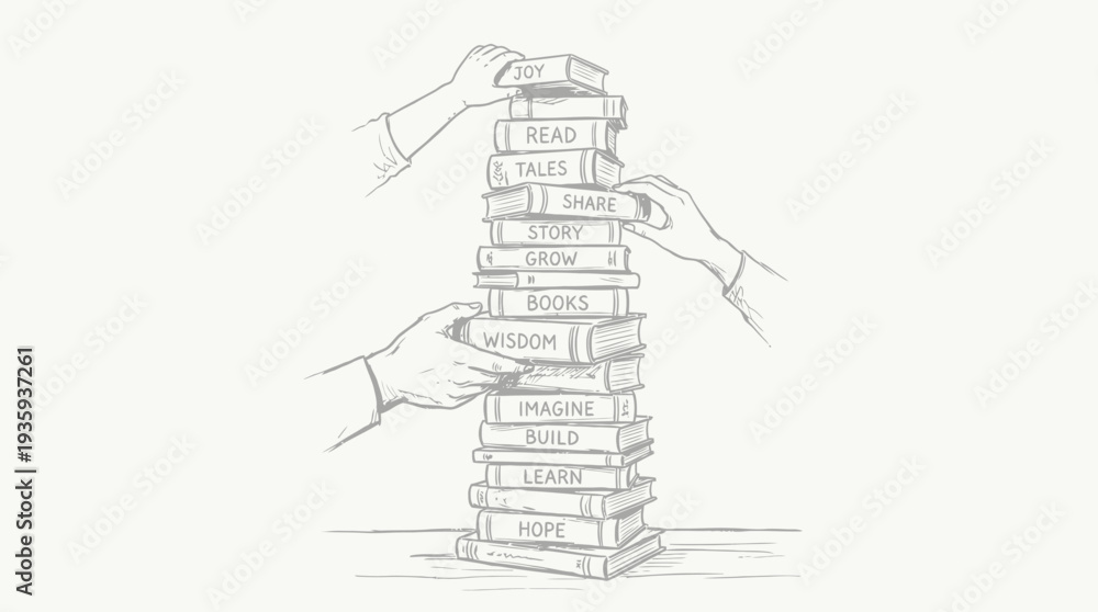 Obraz premium Hands stacking books symbolizing education growth and shared knowledge for personal development