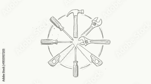 Hand-drawn vintage tools arranged in a circular diagram representing craftsmanship and repair