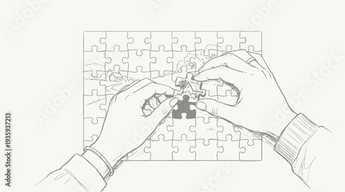 Hands assembling a puzzle depicting a pastoral landscape with a distant farmhouse and rolling hills