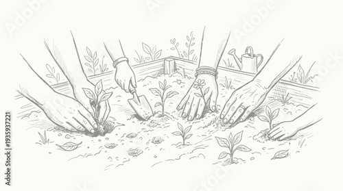 Hands Cultivating Seedlings in a Collaborative Garden Effort