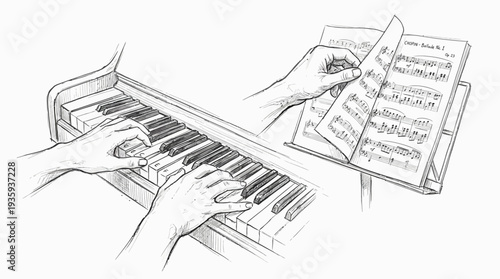 Hands gracefully playing a piano while turning sheet music pages a classic artistic representation