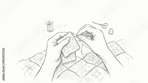 Hands meticulously stitching together fabric squares creating a beautiful patchwork quilt