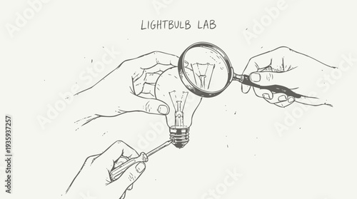Hands meticulously examining a lightbulb with a magnifying glass and screwdriver
