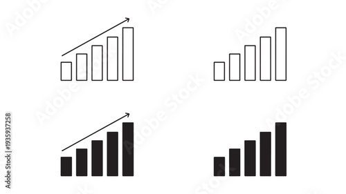 Bar chart icons with upward trending arrows, black and white variations showing growth and progress, clean simple vector graphics.