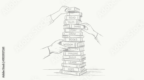 Hands stacking books symbolizing education growth and shared knowledge for personal development