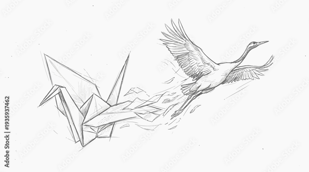Obraz premium Origami crane transforming into a majestic bird in flight sketch