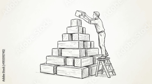 Man meticulously stacking wooden boxes to construct a tall pyramid using a step ladder