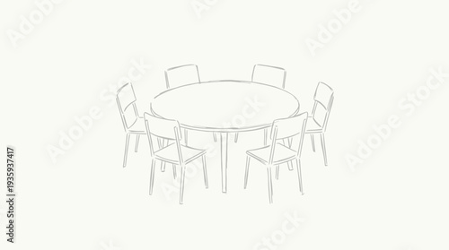 Minimalist sketch of a round dining table surrounded by seven empty chairs in a bright white room