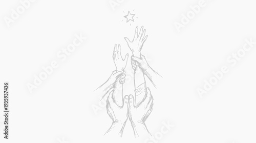 Multiple hands reaching upwards collectively towards a distant shining star representing