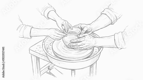 Multiple hands cooperatively shaping clay on a pottery wheel in a skilled craft demonstration