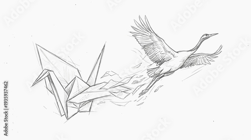 Origami crane transforming into a majestic bird in flight sketch