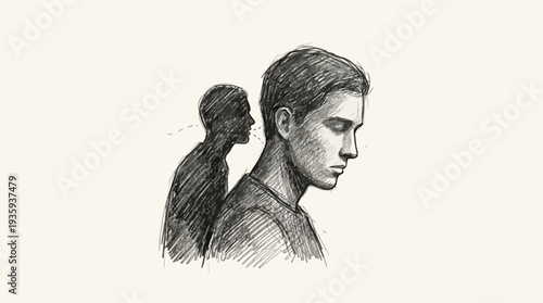 Pensive young man with a shadowy figure whispering behind him a visual representation of inner
