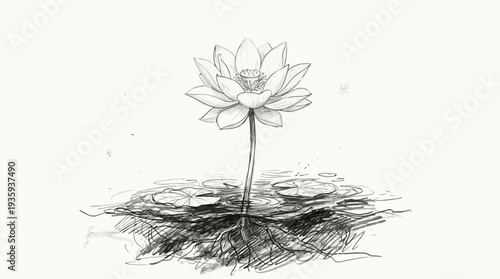 Pencil sketch of a blooming lotus flower rising from murky waters showing intricate roots and lily