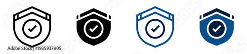 Conjunto de iconos de protección verificada. Escudo con visto de aprobación. Seguridad confirmada, validación oficial, aprobación certificada. Ilustración vectorial