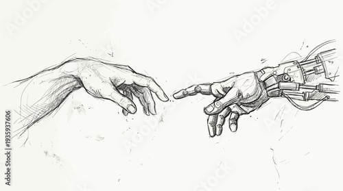 The Creation of Adam reinterpreted with a human hand and a robotic appendage touching fingers