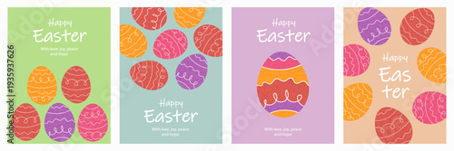 Happy Easter cards and poster set with bright Easter eggs. Easter banners, frams, covers, labels templates set