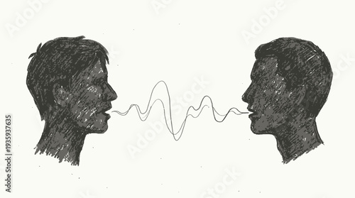 Two heads communicating through sound waves illustrating the concept of dialogue