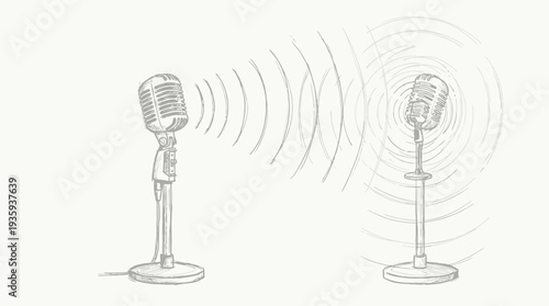 Vintage microphones transmitting sound waves in a sketched illustration style