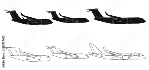 Black silhouettes and line drawings of military cargo aircraft and commercial passenger jets, highlighting design differences in wings, engines, fuselage, and tail structures for aviation studies.