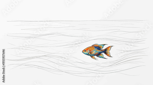 Vibrant aquatic life swims through minimalist rippling water in a unique artistic composition