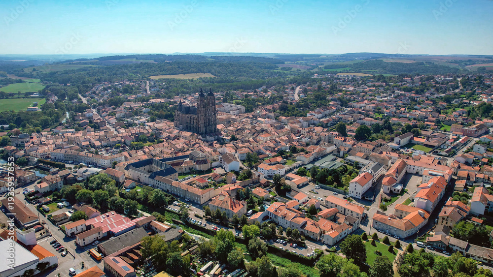Fototapeta premium Aerial view of the old town of the city Saint-Nicolas-de-Port in France. On a sunny spring day.