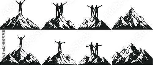 Black and white illustrations of mountain peaks with triumphant human figures raising arms, symbolizing achievement, adventure, exploration, and success, ideal for motivational or outdoor themes.