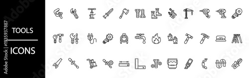 Set of 30 modern line style tool icons for construction and DIY projects