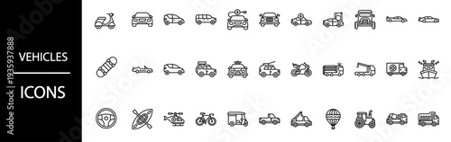 Collection of modern vehicle icons for transportation and logistics