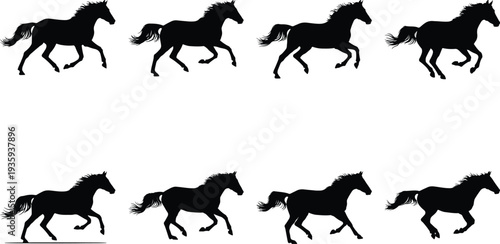 Dynamic vector illustration of eight black horse silhouettes in various running and galloping poses, isolated on white, symbolizing speed and power.