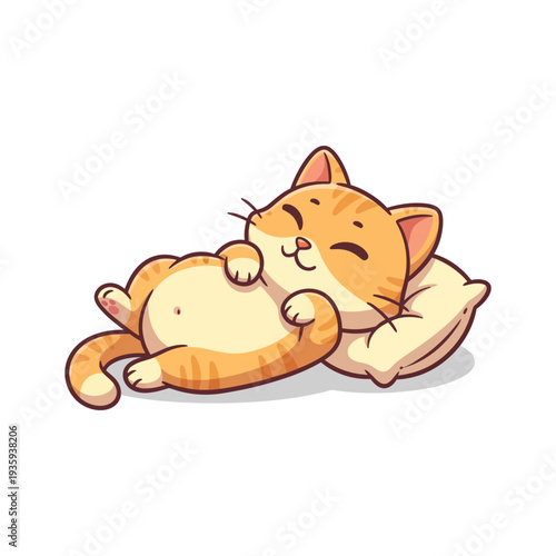 Playful and adorable cartoon kitten peacefully resting on a cozy pillow, showcasing a moment of sweet tranquility and contentment