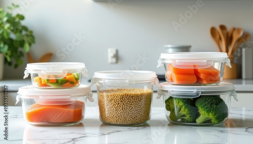 Set of glass food storage containers with fresh vegetables and salmon on a kitchen counter.
