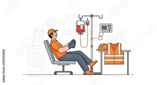 Construction worker receiving IV drip, symbolizing dedication, sacrifice, and hard work in industry