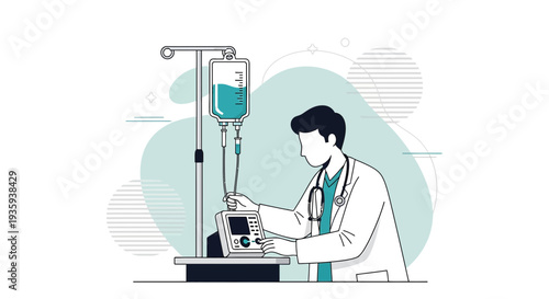Doctor Adjusting IV Drip Machine for Patient Care in Modern Clinic