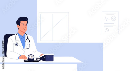 Doctor checking blood pressure with sphygmomanometer in clinic, medical consultation