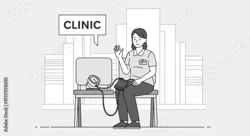 Friendly nurse waving hello in clinic waiting room with blood pressure monitor