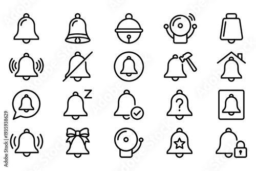 Diverse set of line icons representing bells in various states and contexts, signifying notifications, alerts, and alarms.
