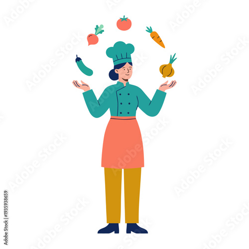 Flat vector illustration of a female chef juggling fresh vegetables. Represents healthy cooking, culinary skills, and fresh ingredients