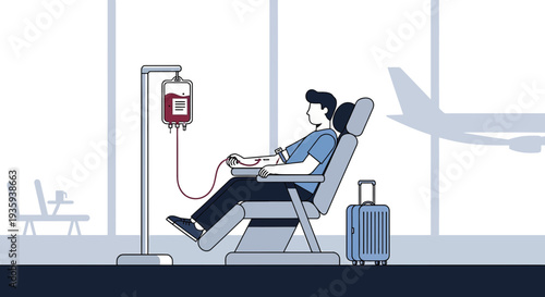 Man donating blood in airport lounge, travel, health, medical, helping others, airplane background