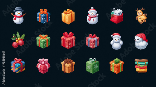 Festive Christmas icons set with snowmen, gifts, and decorations