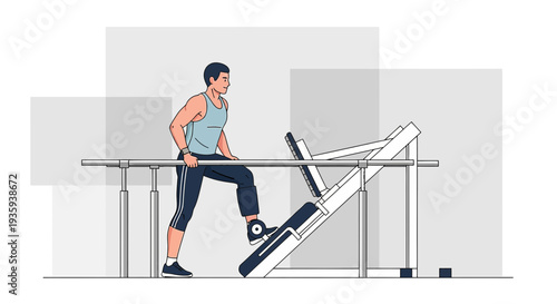Man exercising on a treadmill with parallel bars for support, physical therapy and rehabilitation concept