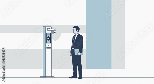 Man in suit uses facial recognition scanner for access control at modern office building entrance