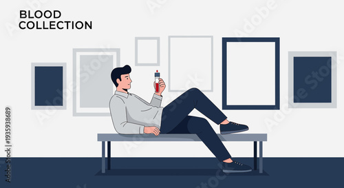 Man Relaxing with Blood Sample Tube in Art Gallery Setting