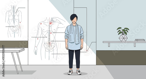 Man standing with anatomical spine and body chart, medical illustration, physical therapy