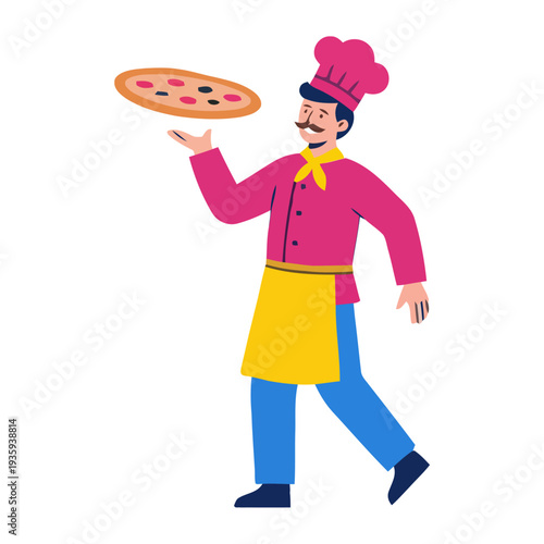 Flat vector illustration of a smiling chef carrying a freshly baked pizza.