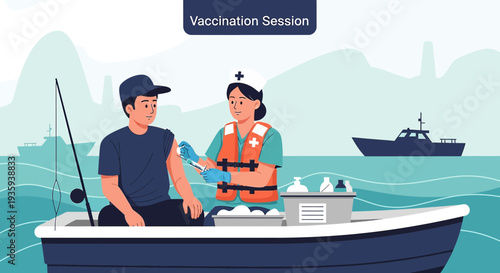 Mobile Vaccination on Boat: Nurse Administers Vaccine to Fisherman at Sea